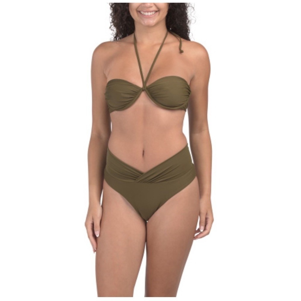 NEW NWT CAROLINE CONSTAS two 2 pc swim suit small Olive halter set